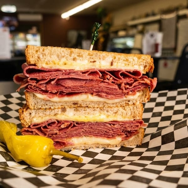 A large pastrami and cheese sandwich on toasted bread with a yellow pepper on checkered paper.