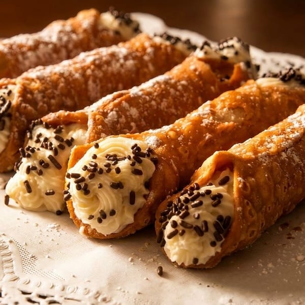 Five cannoli with cream filling and chocolate sprinkles on a white doily.
