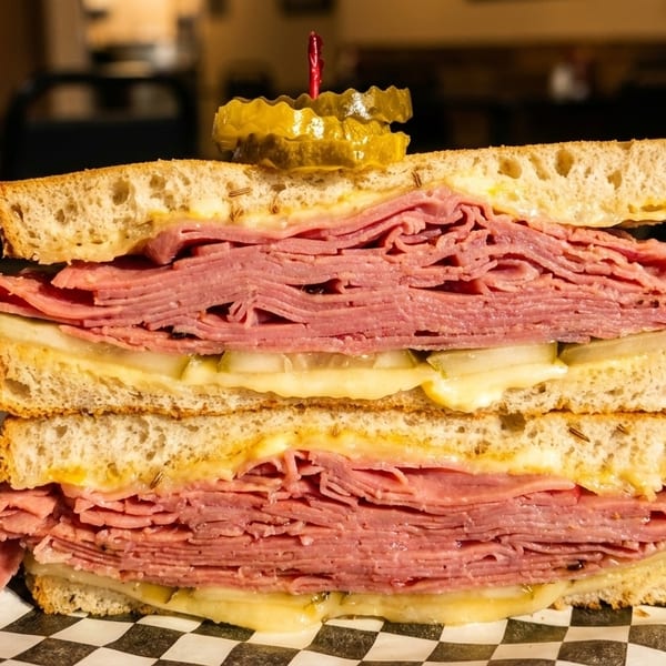 Tall pastrami sandwich with melted cheese and pickles on toasted bread, served on checkered paper.