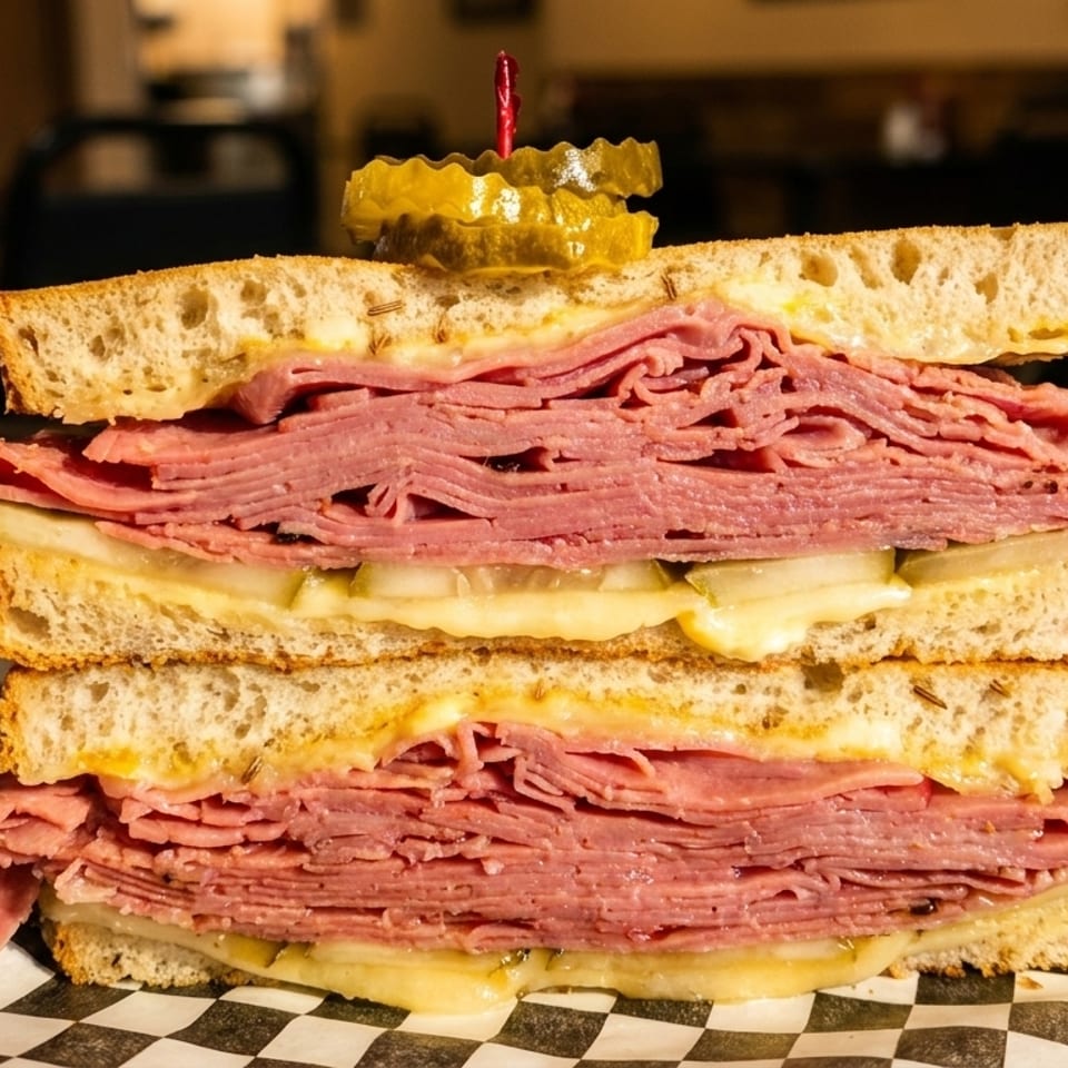 Tall pastrami sandwich with melted cheese and pickles on toasted bread, served on checkered paper.