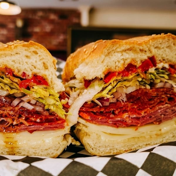 A large deli sandwich, cut in half, filled with meats, cheese, lettuce, onions, and peppers.